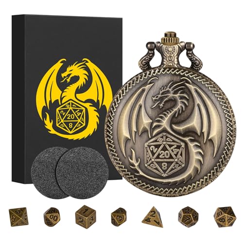 Keller & Weber Mini DND Würfel Set mit Steampunk Drachen Taschenuhrgehäuse, 7-Teilig Polyedrisches Metall D&D Würfel Set, DND Geschenke mit Geschenk Box, Rollenspiel Brettspiel Zubehör Würfel, Bronze von Keller & Weber