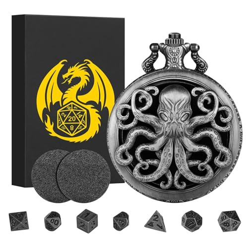 Mini DND Würfel Set, Steampunk Hohles Oktopus Taschenuhrgehäuse, 7-teiliges Polyedrisches Metall, D&D Würfel Set, DND Geschenke mit Geschenkbox, Rollenspiel Brettspiel Zubehör, Dunkel Silber von Keller & Weber