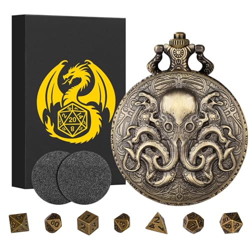 Mini DND Würfel Set, mit Steampunk Doppelaugen Oktopus Taschenuhrgehäuse, 7-teilige Polyedrische Metall D&D Würfel, DND Geschenke mit Geschenk Box, Rollenspiele-Brettspielzubehör Würfel, Bronze von Keller & Weber