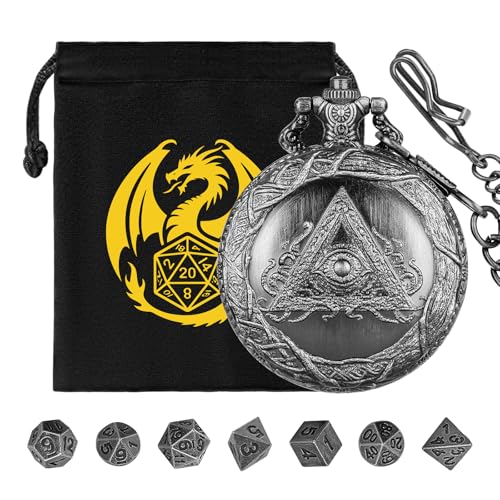 Mini DND Würfel Set, mit Steampunk Dreieckiges Auge Taschenuhr Schale Hülle, 7-teilige Polyedrische Metall D&D Würfel, DND Geschenktüte mit Drachen Logo, Rollenspiel Brettspiel-Zubehör, Dunkel Silber Mini DND Würfel Set, mit Steampunk Dreieckiges Auge Taschenuhr Schale Hülle, 7-teilige Polyedrische Metall D&D Würfel, DND Geschenktüte mit Drachen Logo, Rollenspiel Brettspiel-Zubehör, Dunkel Silber von Keller & Weber