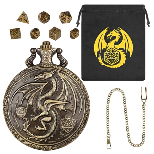 Mini DND Würfel Set, mit Steampunk Geflügelter Drachen Taschenuhr Schale Hülle, 7-teilige Polyedrische Metall D&D Würfel, DND Geschenktüte mit Drachen Logo, MTG, Rollenspiel Brettspiel-Zubehör, Bronze Mini DND Würfel Set, mit Steampunk Geflügelter Drachen Taschenuhr Schale Hülle, 7-teilige Polyedrische Metall D&D Würfel, DND Geschenktüte mit Drachen Logo, MTG, Rollenspiel Brettspiel-Zubehör, Bronze von Keller & Weber