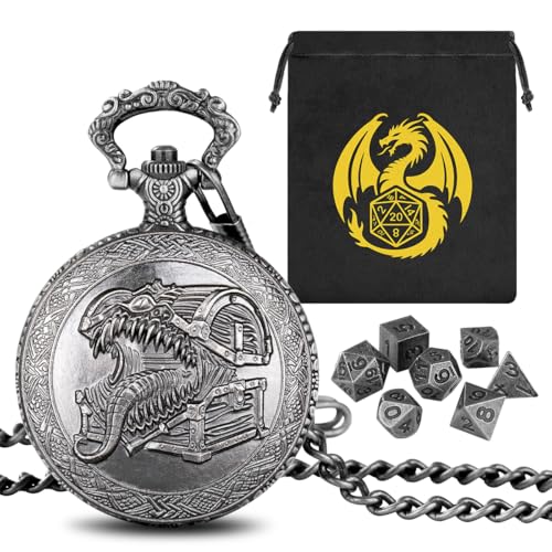 Mini DND Würfel Set, mit Steampunk Zunge Schatzkiste Taschenuhr Schale Hülle, 7-teilige Polyedrische Metall D&D Würfel, DND Geschenktüte mit Drachen Logo, Rollenspiel Brettspiel-Zubehör, Dunkel Silber Mini DND Würfel Set, mit Steampunk Zunge Schatzkiste Taschenuhr Schale Hülle, 7-teilige Polyedrische Metall D&D Würfel, DND Geschenktüte mit Drachen Logo, Rollenspiel Brettspiel-Zubehör, Dunkel Silber von Keller & Weber