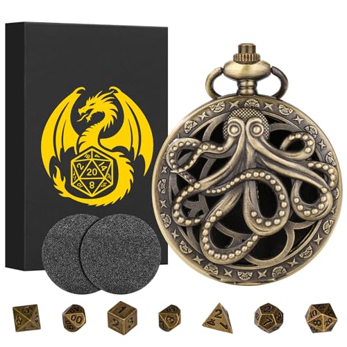 Mini DND Würfel Set Steampunk Hohl Oktopus Taschenuhr Schale Hülle, 7-teilige Polyedrische Metall D&D Würfelset, DND Geschenke mit Geschenkbox, Rollenspiele-Brettspielzubehör Würfel, Bronze von Keller & Weber