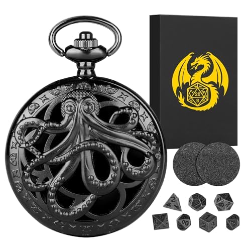 Mini DND Würfel Set Steampunk Hohl Oktopus Taschenuhr Schale Hülle, 7-teilige Polyedrische Metall D&D Würfelset, DND Geschenke mit Geschenkbox, Rollenspiele-Brettspielzubehör Würfel, Schwarz von Keller & Weber