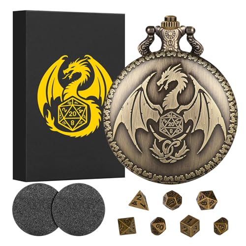 Mini-DND-Würfel-Set mit Steampunk-Drachen-Taschenuhrgehäuse, winzige 7-teilige polyedrische Metall-D&D-Würfel, DND-Geschenke mit Geschenkbox, Grußkarte, Rollenspiel-Zubehör von Keller & Weber