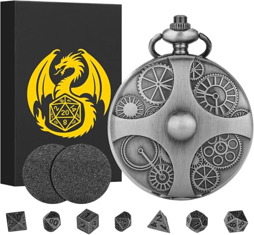 Mini DND Würfel Set mit Steampunk Getriebe Taschenuhrgehäuse, 7-teiliges Polyedrisches Metall D&D Würfel Set, DND Geschenke mit Geschenk Box, Rollenspiel Brettspiel Zubehör, Dunkles Silber von Keller & Weber