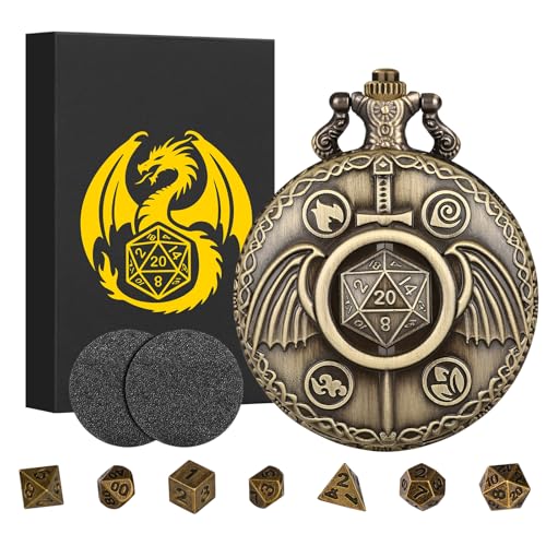 Mini-DND-Würfel-Set mit Steampunk-Kämpferschwertern, Taschenuhrgehäuse, winzige 7-teilige polyedrische Metall-D&D-Würfel, DND-Geschenke mit Geschenk-Box, Rollenspiel-Zubehör, Bronze von Keller & Weber