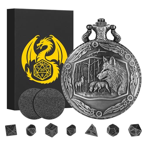 Mini DND Würfel Set mit Steampunk Wolf, Taschenuhrgehäuse, 7-teiliges Polyedrisches Metall D&D Würfel Set, DND Geschenke mit Geschenkbox für Spieler, Rollenspiel Brettspiel Zubehör, Dunkel Silber von Keller & Weber