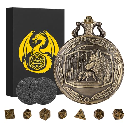 Mini DND Würfel Set mit Steampunk Wolf, Taschenuhrgehäuse, 7-teiliges Polyedrisches Metall D&D Würfel Set, DND Geschenke mit Geschenkbox für Spieler, Rollenspiel Brettspiel Zubehör, Bronze von Keller & Weber