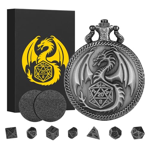 Mini DND Würfel Set mit Taschenuhr Gehäuse mit Drachen Gravur, 7-teilige Polyedrische Metall D&D Würfelset, DND Geschenke mit Geschenkbox, Rollenspiel Brettspielzubehör, Dunkles Silber von Keller & Weber