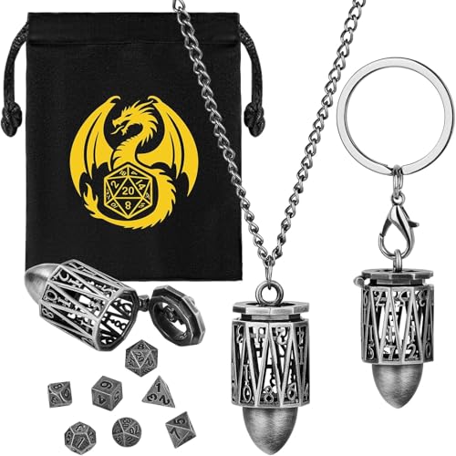 Mini DND Würfel Set mit Tragbarem Schlüsselanhänger, Halskette, Hohler D20 Geschossform Metallkäfig, Winziges 7-teiliges Polyedrisches Metall D&D Würfel, DND Geschenke mit Geschenktüten, Dunkel Silber Mini DND Würfel Set mit Tragbarem Schlüsselanhänger, Halskette, Hohler D20 Geschossform Metallkäfig, Winziges 7-teiliges Polyedrisches Metall D&D Würfel, DND Geschenke mit Geschenktüten, Dunkel Silber von Keller & Weber