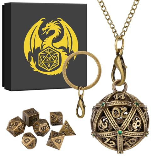 Mini DND Würfel Set mit Tragbarem Schlüsselanhänger, Halskette, Hohler D20 Grüner Diamant Kugelförmig Metallkäfig, 7-teiliges Polyedrisches Metall D&D Würfel Set, DND Geschenke mit Geschenkbox, Bronze Mini DND Würfel Set mit Tragbarem Schlüsselanhänger, Halskette, Hohler D20 Grüner Diamant Kugelförmig Metallkäfig, 7-teiliges Polyedrisches Metall D&D Würfel Set, DND Geschenke mit Geschenkbox, Bronze von Keller & Weber