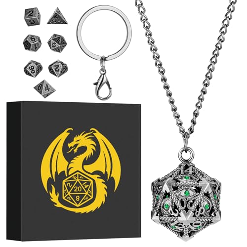 Mini DND Würfel Set mit Tragbarem Schlüsselanhänger, Halskette, Hohler D20 Grüner Diamant Metallkäfig, Winziges 7-teiliges Polyedrisches Metall D&D Würfel, DND Geschenke mit Geschenkbox, Dunkel Silber Mini DND Würfel Set mit Tragbarem Schlüsselanhänger, Halskette, Hohler D20 Grüner Diamant Metallkäfig, Winziges 7-teiliges Polyedrisches Metall D&D Würfel, DND Geschenke mit Geschenkbox, Dunkel Silber von Keller & Weber