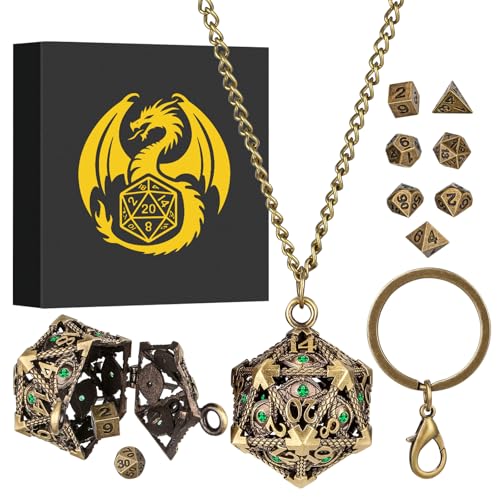 Mini DND Würfel Set mit Tragbarem Schlüsselanhänger, Halskette, Hohler D20 Grüner Diamant Metallkäfig, Winziges 7-teiliges Polyedrisches Metall D&D Würfel Set, DND Geschenke mit Geschenkbox, Bronze Mini DND Würfel Set mit Tragbarem Schlüsselanhänger, Halskette, Hohler D20 Grüner Diamant Metallkäfig, Winziges 7-teiliges Polyedrisches Metall D&D Würfel Set, DND Geschenke mit Geschenkbox, Bronze von Keller & Weber