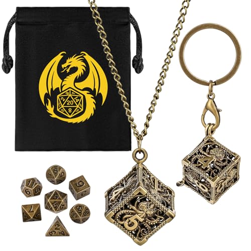 Mini DND Würfel Set mit Tragbarem Schlüsselanhänger, Halskette, Hohler D6 Oktopus Metallkäfig, Winziges 7-teiliges Polyedrisches Metall D&D Würfel Set, DND Geschenke mit Geschenktüten, Bronze Mini DND Würfel Set mit Tragbarem Schlüsselanhänger, Halskette, Hohler D6 Oktopus Metallkäfig, Winziges 7-teiliges Polyedrisches Metall D&D Würfel Set, DND Geschenke mit Geschenktüten, Bronze von Keller & Weber