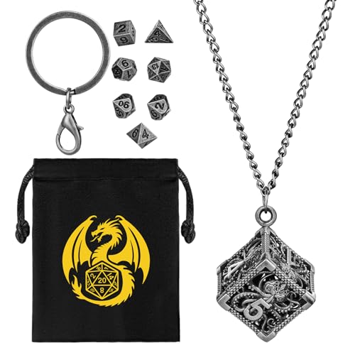 Mini DND Würfel Set mit Tragbarem Schlüsselanhänger, Halskette, Hohler D6 Oktopus Metallkäfig, Winziges 7-teiliges Polyedrisches Metall D&D Würfel Set, DND Geschenke mit Geschenktüten, Dunkel Silber Mini DND Würfel Set mit Tragbarem Schlüsselanhänger, Halskette, Hohler D6 Oktopus Metallkäfig, Winziges 7-teiliges Polyedrisches Metall D&D Würfel Set, DND Geschenke mit Geschenktüten, Dunkel Silber von Keller & Weber