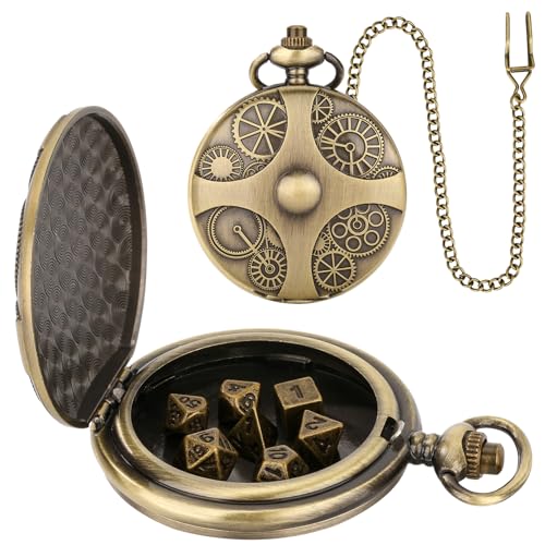 Mini DND Würfel Set mit Bronzefarbenen Steampunk Zahnrad Taschenuhrgehäuse, 7-teiliges D&D-Würfelset aus Polyedrischem Metall, D&D-Geschenke, Rollenspiel Brettspielzubehör Würfel von Keller & Weber