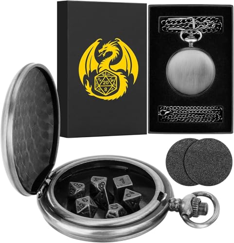 Mini-DND-Würfel-Set mit glattem Taschenuhrgehäuse, 7-teiliges polyedrisches Metall-D&D-Würfel-Set, Dungeons and Dragons Geschenke mit Box, Rollenspiel-Brettspiel-Zubehör, DND-Geschenke, Dunkelsilber, von Keller & Weber