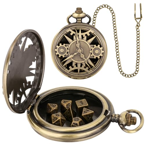 Mini DND Würfel Set mit Hohlem Steampunk Taschenuhr Gehäuse aus Bronze, 7-teiliges D&D Würfelset aus Polyedrischem Metall, DND Geschenke mit Geschenkbox, Rollenspiel-Brettspielzubehör Würfel von Keller & Weber