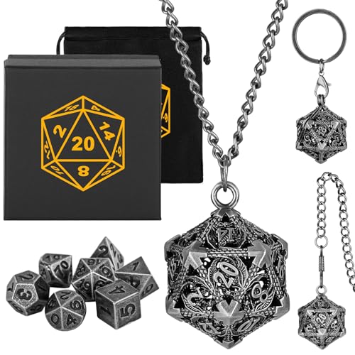 Mini DND Würfel Set mit Tragbarem Schlüsselanhänger, Halskette, Taschenkette, Hohler D20 Drachen Metallkäfig, Winziges 7-teiliges Polyedrisches Metall D/D Würfel Set, DND Geschenke mit Geschenk Box von Keller & Weber