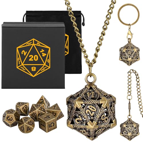 Mini DND Würfel Set mit Tragbarem Schlüsselanhänger, Halskette, Taschenkette, Hohler D20 Drachen Metallkäfig, Winziges 7-teiliges Polyedrisches Metall D&D Würfel Set, DND Geschenke mit Geschenkbox von Keller & Weber