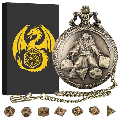 Mini DND Würfelset, Handwürfel Zauberer Taschenuhr Gehäuse, 7-teiliges Polyedrisches D&D-Würfelset aus Metall, DND Geschenke mit Geschenkbox, Rollenspiel-Brettspielzubehör Würfel, Bronze von Keller & Weber