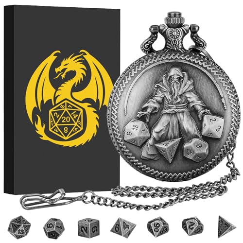 Mini DND Würfelset, Handwürfel Zauberer Taschenuhr Gehäuse, 7-teiliges Polyedrisches Metall D&D-Würfelset, DND Geschenke mit Geschenkbox, Rollenspiel-Brettspielzubehör Würfel, Dunkelsilber von Keller & Weber