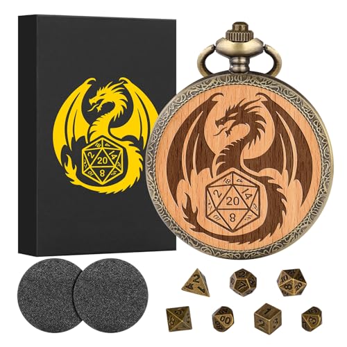 Mini DND Würfel Set mit Holz mit Drachen Gravur Taschenuhr Gehäuse, 7 teiliges Polyedrisches D&D Würfelset aus Metall, DND Geschenke mit Geschenkbox, Rollenspiel Brettspielzubehör, Bronze von Keller & Weber