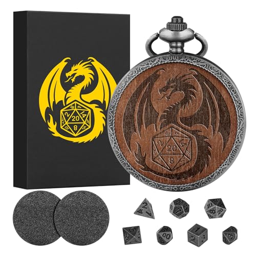 Mini DND Würfel Set aus Holz mit Drachen Gravur Taschenuhr Gehäuse, 7 teiliges Polyedrisches D&D Würfelset aus Metall, DND Geschenke mit Geschenkbox, Rollenspiel Brettspielzubehör, Dunkel Silber von Keller & Weber