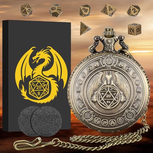 Mini DND Würfelset mit Drachen Bronze Taschenuhr Muschelgehäuse, 7-teiliges Polyedrisches D&D-Würfelset aus Metall, DND Geschenke mit Geschenkbox, Rollenspiel-Brettspielzubehör Würfel von Keller & Weber