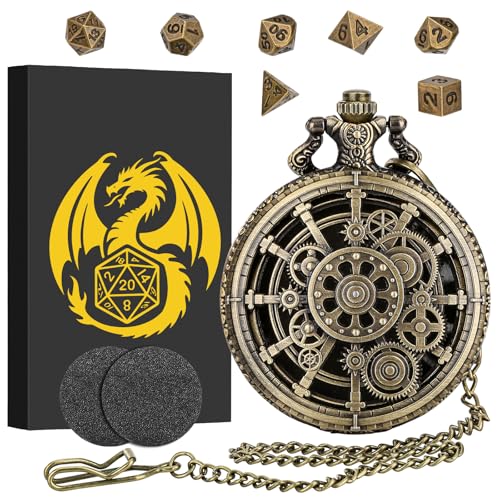 Mini DND Würfelset mit Steampunk Hohlzahnrad Taschenuhr Muschelgehäuse, 7-teiliges Polyedrisches D&D-Würfelset aus Metall, DND Geschenke mit Geschenkbox, Rollenspiel-Brettspielzubehör, Bronze von Keller & Weber