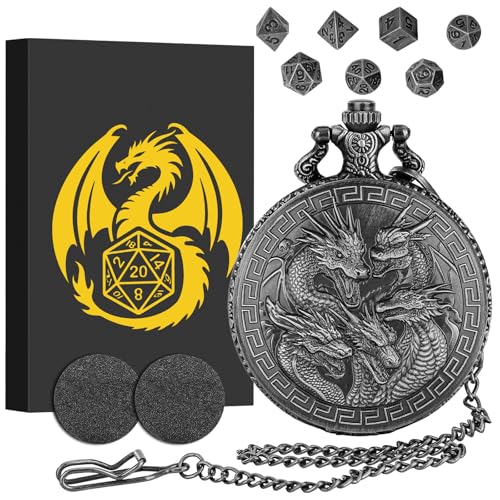 Steampunk Fünf Drachenkopf Taschenuhrgehäuse, mit 7-teilige Polyedrische Metall D&D Würfel, Mini DND Würfel Set, DND Geschenke mit Geschenk Box, Rollenspiele-Brettspielzubehör Würfel, Dunkel Silber Steampunk Fünf Drachenkopf Taschenuhrgehäuse, mit 7-teilige Polyedrische Metall D&D Würfel, Mini DND Würfel Set, DND Geschenke mit Geschenk Box, Rollenspiele-Brettspielzubehör Würfel, Dunkel Silber von Keller & Weber
