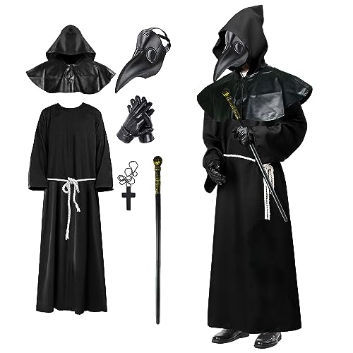 Kenaliyo Pestarzt Kostüm Herren, Schwarz Halloween Kostüme, Pestarzt Umhang, Pestarzt Maske, Zubehör (Schwarz, Groß) von Kenaliyo