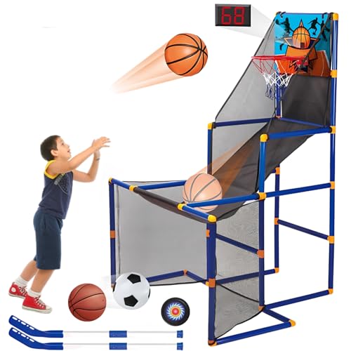 Arcade Basketball Spielset, Basketball Automat mit Anzeigetafel & Soundeffekt, 93×90×141CM Basketballkorb Outdoor，Basketballspiel 2 Spieler inkl. 1 Hockey, 2 Basketball, 1 Fußball, 2 Hockeyschläger von Kensbro