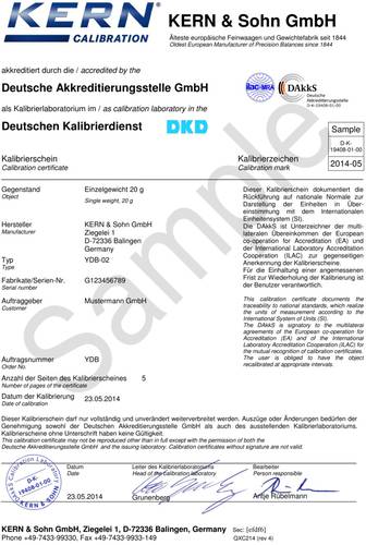 Kern 962-335V Kalibrierschein für den Volumensenkkörper (20 g) von Kern