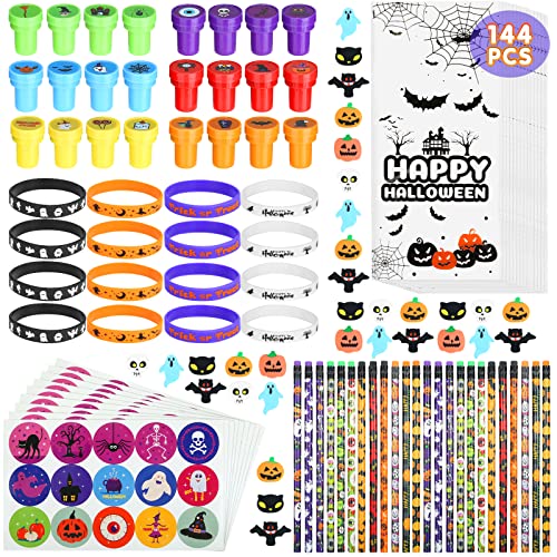 Kesote Halloween Deko Kinder Party Mitgebsel Kindergeburtstag Dekoration 144 TLG Dekoartikel Stempel Kinder Halloween Süßigkeiten Tüten Radiergummis Bleistifte Sticker Zubehör Junge Mädchen von Kesote