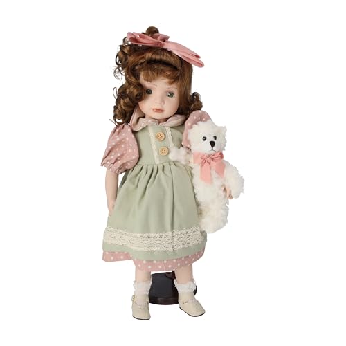 Keyhomestore - Dekorative Porzellanpuppe 46 cm mit grünem und rosafarbenem Kleid, Teddybär und Sockel - perfekt für Innendekoration, Geschenkidee. von Keyhomestore