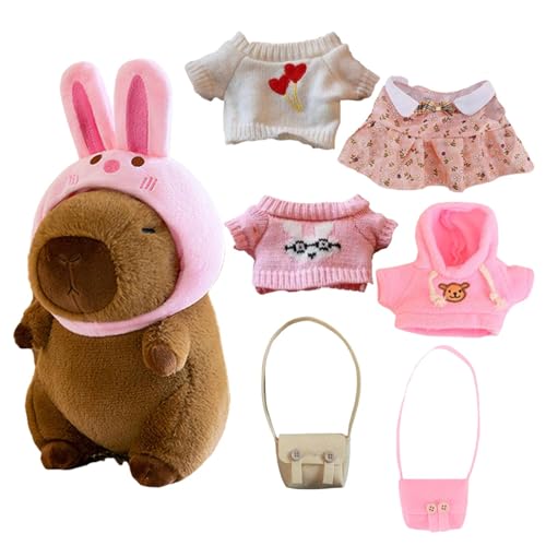 Keyubria Capybara Plüsch Spielzeug, 23cm Capybara Plüschtier Kuscheltier, Verkleidete Capybara Plüschpuppe Mit 7 Kleidungsstücken Und Accessoires, Geschenk Für Kinder, jungens, Mädchen von Keyubria