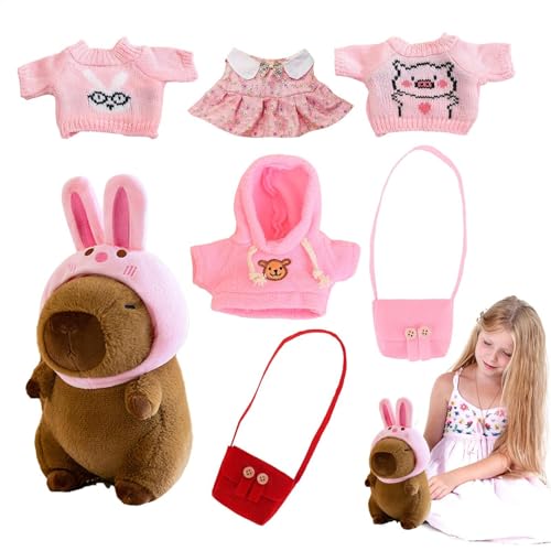 Keyubria Capybara Plüschtier, 25cm Plüsch Capybara, 7pcs Dress Up Capybara Plushy Puppe, Capybara Spielzeug Mit Kostüm Beinhaltet 1 Hasenhut, 4 Stoff, 2 Taschen Für Erwachsene, Kinder von Keyubria