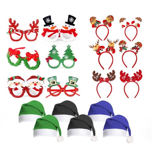 Kfwfuaee Brillenrahmen für Weihnachtsfeiern, mit Weihnachtsmütze, Slap Armbänder, Stirnband, Weihnachtsfeier, Dekoration für Kinder und Erwachsene von Kfwfuaee