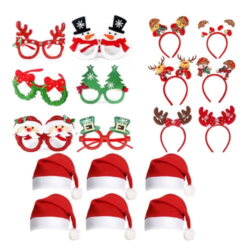 Kfwfuaee Brillenrahmen für Weihnachtsfeiern, mit Weihnachtsmütze, Slap Armbänder, Stirnband, Weihnachtsfeier, Dekoration für Kinder und Erwachsene von Kfwfuaee