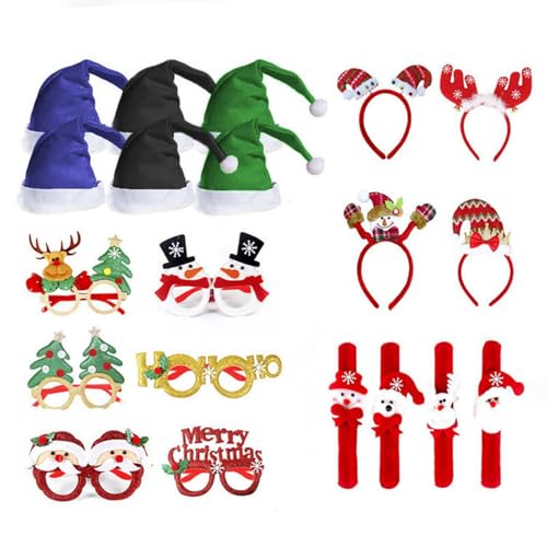 Kfwfuaee Brillenrahmen für Weihnachtsfeiern, mit Weihnachtsmütze, Slap Armbänder, Stirnband, Weihnachtsfeier, Dekoration für Kinder und Erwachsene von Kfwfuaee