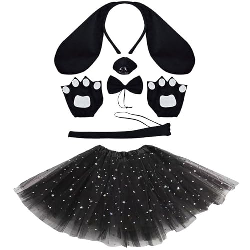 Kfwfuaee Hundekostüm-Zubehör, Ohren-Stirnband, Nasenschwanz, Fliege, Handschuh und Rock, für Kinder, Halloween, Tier-Kostüm-Outfit von Kfwfuaee