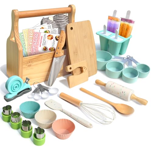 Kibbidea Backset für Kinder, Kochset, Holzmesser, Schneidebrett, Schäler, Kindermesser Set zum Schneiden und Kochen von Obst oder Gemüse für ab 3 Jahre von Kibbidea