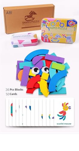 Kibi Montessori Holzpuzzle, Tangram Toy Card lustiges Lernspielzeug mit 36 geometrischen und 60 Lernkarten für 3 4 5 6 Jahre Kinder (Gelb) von Kibi Store