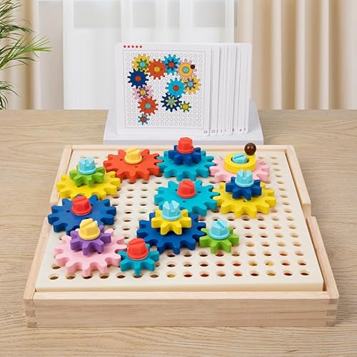 Spiel Holzgetriebe, Holzbrett stapelbare Zahnräder, Puzzle-Ausrüstung, Montessori-Spielzeug ab 3 Jahren, Set Holzspielzeug STEM, rotierendes Spielzeug Geschenk für Jungen und Mädchen von Kibi Store