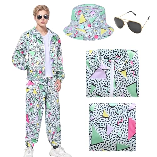 Herren 80er Jahre Kostüm 80er 90er Jahre Outfit Trainingsanzug Kostüm Hip Hop Set Disco Windbreaker Halloween Cosplay Paare Outfits (Grün, 2XL) von Kicpot