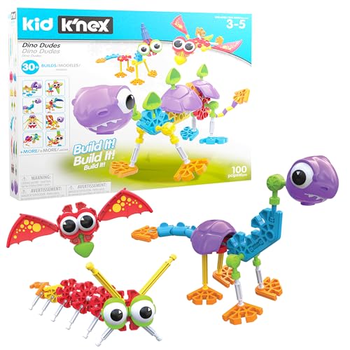 Dino Dudes-Baukasten, Kid K'NEX, Basic Fun, 85611, Bastelset für Kinder mit 100 Teilen, lustiges Konstruktionsspielzeug für Jungen und Mädchen, Dinosaurier-Spielzeug für Jungen und Mädchen Ab 3 Jahren von K'Nex