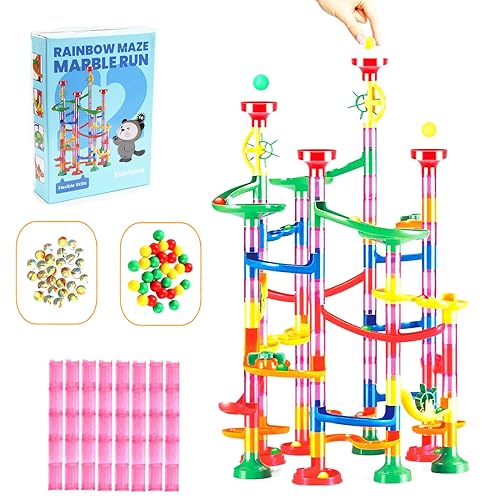 Kid Odyssey Murmelbahn, Mehrfarbige Kugelbahn Marble Run Set mit Bahnelementen und Glasmurmeln, STEM pädagogisches Lernspielzeug für Kinder, Konstruktionspielzeug mit 139pcs ab 3 4 5 6 7+ von Kid Odyssey