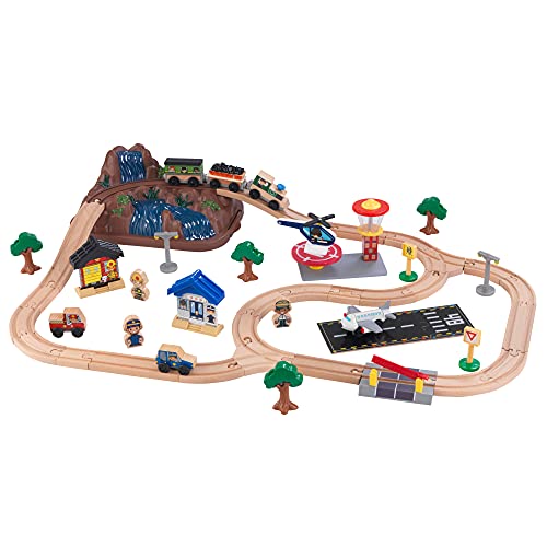 KidKraft Bucket Top Holzeisenbahn Mountain Airport mit Aufbewahrungsbox mit Deckel, Eisenbahn Set mit Feuerwehr und Polizeifahrzeuge, Flugzeug Spielzeug für Kinder 3+ Jahre, 17826 von KidKraft